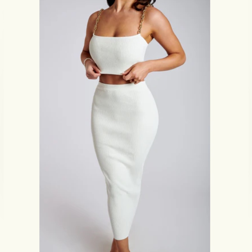 Meshki White Midi Pencil Skirt Set Rosana ribbed knit set